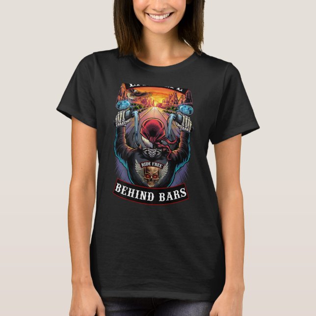 Live Life Behind Bars Motorcycle Biker Skull T-Shirt (Front)