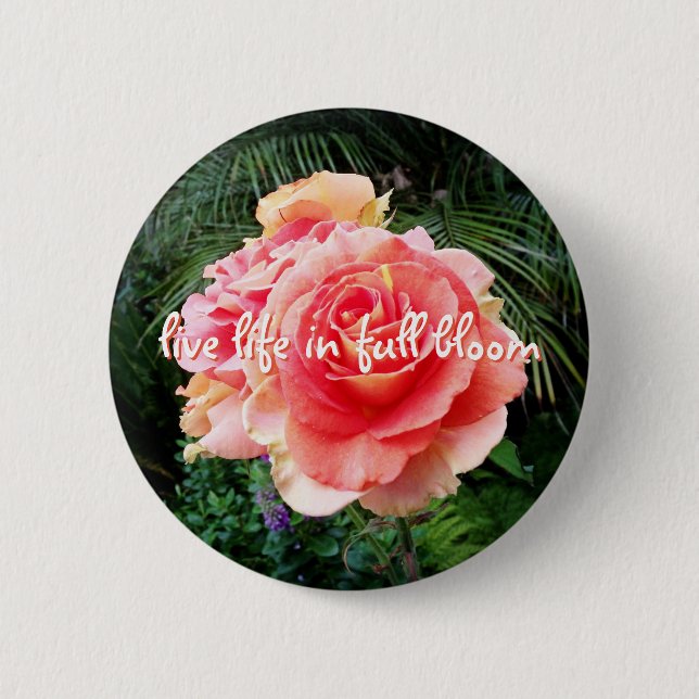 Live life in full bloom quote pink rose photo 6 cm round badge (Front)