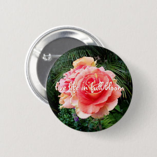 Live life in full bloom quote pink rose photo 6 cm round badge