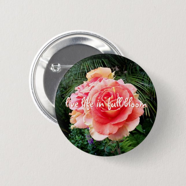 Live life in full bloom quote pink rose photo 6 cm round badge (Front & Back)