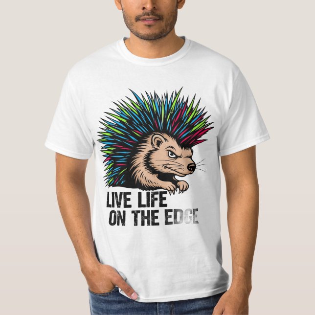 Live Life on the Edge: Punk Rock Porcupine Graphic T-Shirt (Front)