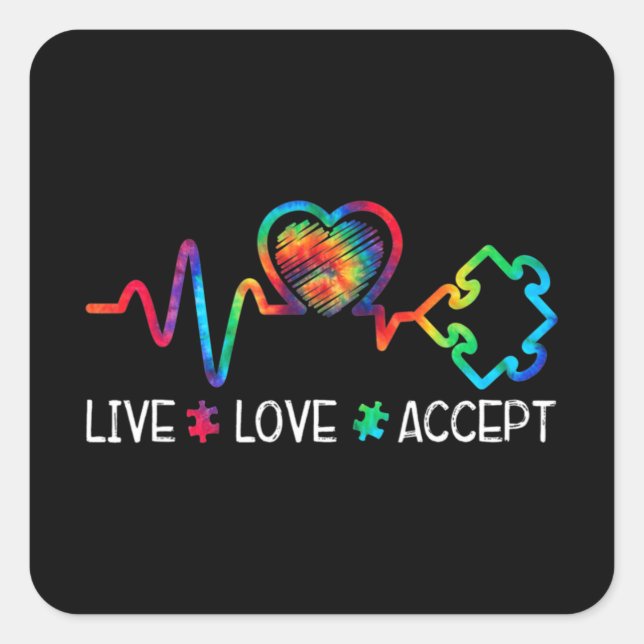 Live Love Accept Autism Awareness Heart Beat Mum D Square Sticker (Front)
