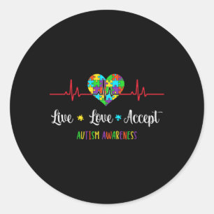 Live Love Accept Autism Awareness Heartbeat Blue A Classic Round Sticker