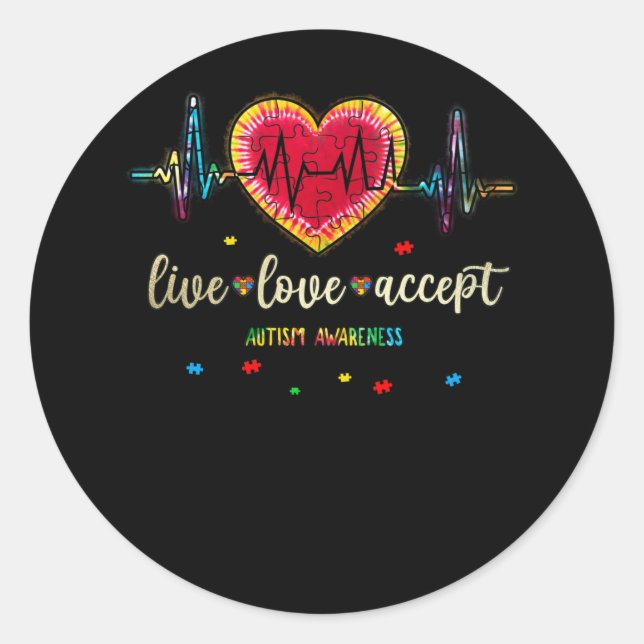 Live Love Accept Autism Heart Beat Puzzle Classic Round Sticker (Front)