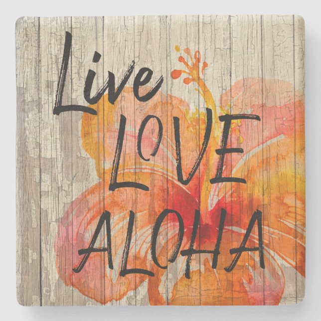 Live Love Aloha Hibiscus Beach Sign Stone Coaster (Front)