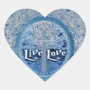 Live Love Cross Blue Tree of Life Pattern Heart Sticker