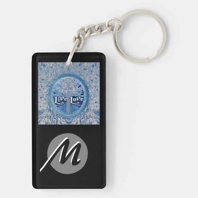 Live Love Cross Blue Tree of Life Pattern Key Ring (Back)