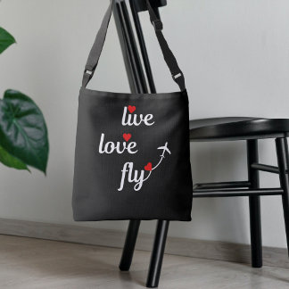 Live Love Fly Text Hearts and Aeroplane Travel  Crossbody Bag