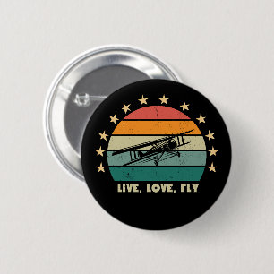 "Live Love Fly" Text,Vintage Aeroplane Retro Sunse 6 Cm Round Badge