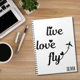 Live Love Fly Typography & Hearts, Aeroplane Flyin Notebook