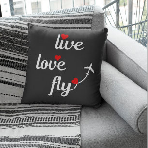 Live Love Fly Typography with Aeroplane & Hearts Cushion