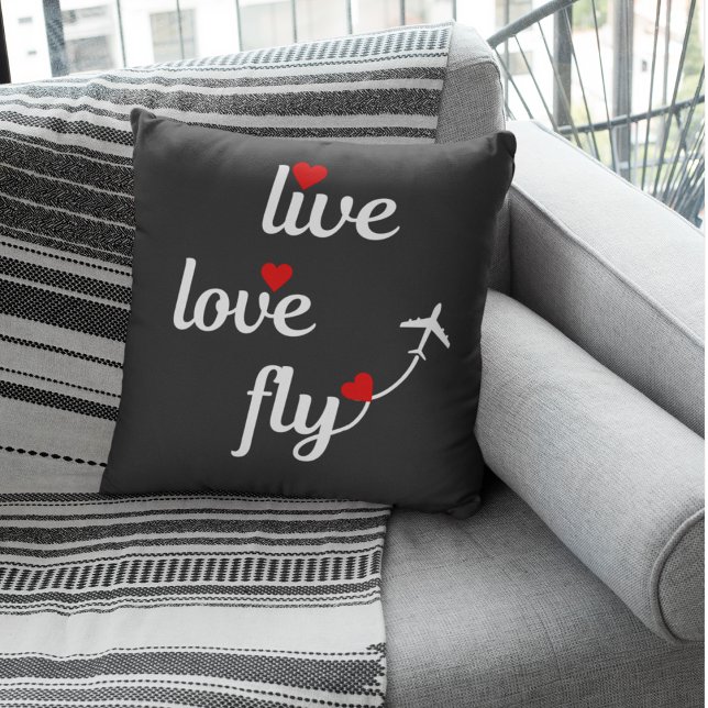 Live Love Fly Typography with Aeroplane & Hearts Cushion (Creator Uploaded)