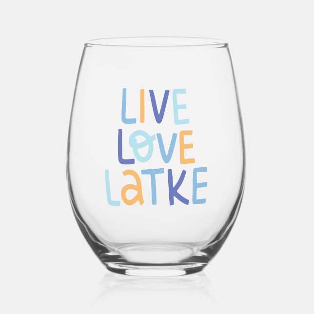 Live Love Latke Hanukkah Design Stemless Wine Glass (Front)