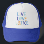 Live Love Latke Hanukkah Design Trucker Hat<br><div class="desc">Celebrate the joy of Hanukkah with this colourful "Live Love Latke" design. Featuring bright colours and playful typography,  this graphic is perfect for a variety of products,  from home decor to gifts. Add a touch of holiday spirit and deliciousness to your space with this fun and festive design.</div>