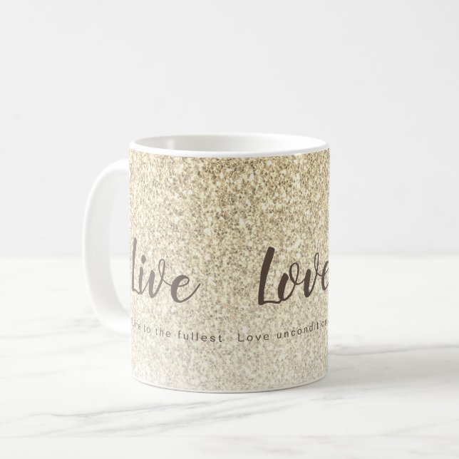 Live Love Laugh Girly Gold Glitter Typography Coffee Mug (Front Left)