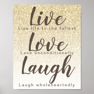 Live Love Laugh Girly Gold Glitter Typography Post Poster