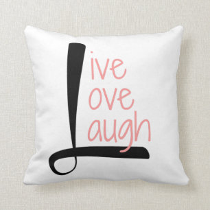 Live Love Laugh Pillow, Black & Rose on White Cushion