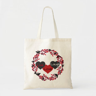 Live Love Laugh Red, White, and Black Heart Design Tote Bag
