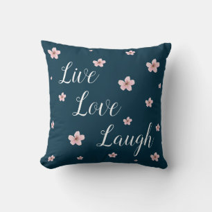 Live, Love, Laugh ~ Royal Blue - Pink Flowers Cushion