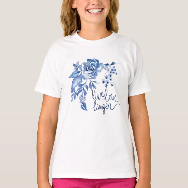 Live Love Linger | Blue Rose Floral T-Shirt (Front)