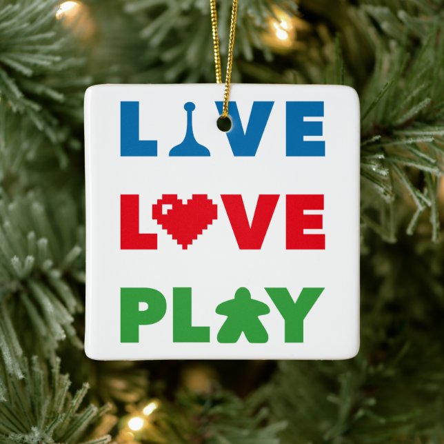Live, Love, Play Colourful Text Ceramic Ornament (Tree)