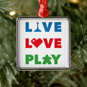 Live, Love, Play Colourful Text Metal Ornament