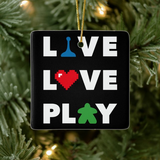 Live, Love, Play White Text Ceramic Ornament (Tree)