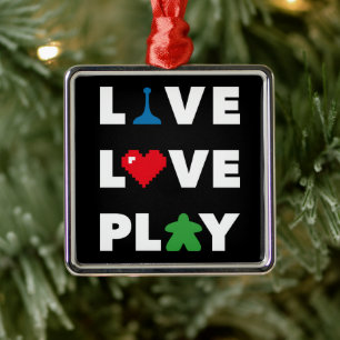 Live, Love, Play White Text Metal Ornament