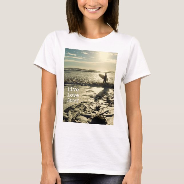 Live Love Surf womens' coastal quote t-shirt (Front)