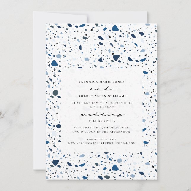 Live Stream Virtual Wedding Cobalt Terrazzo Invitation (Front)
