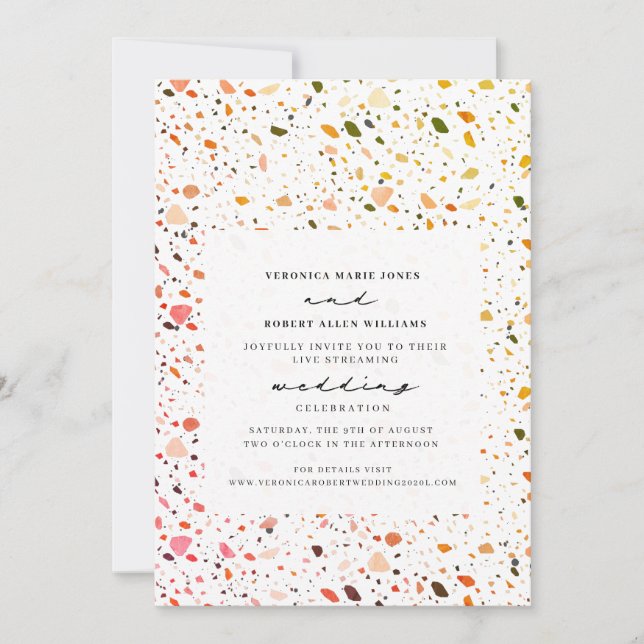 Live Stream Virtual Wedding Desert Terrazzo Invitation (Front)