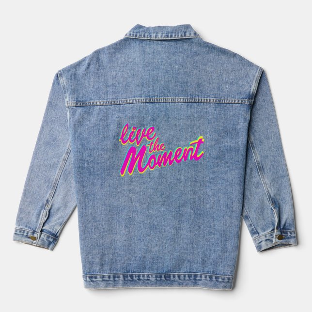 Live the moment colourful text graphic design denim jacket (Back)