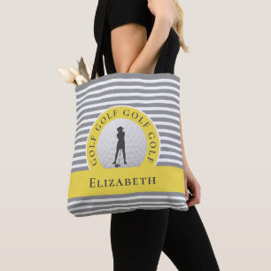 Live To Golf Monogrammed Golfer Grey Stripes Chic Tote Bag