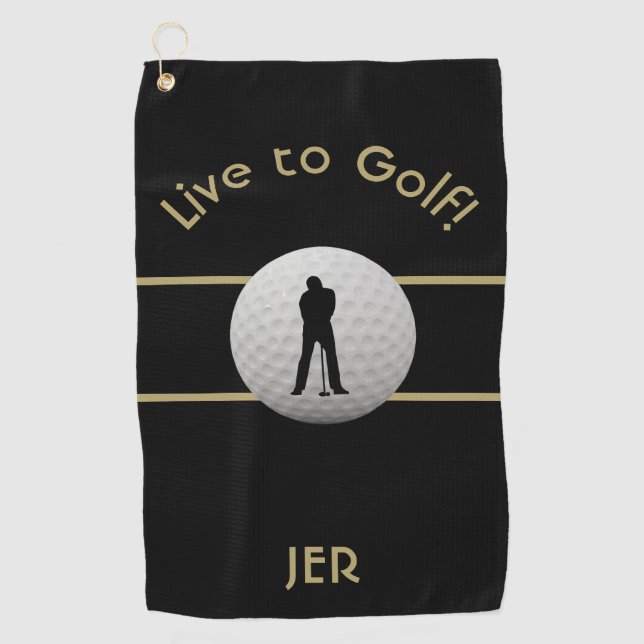 Live to Golf Quote Monogrammed Black & Gold Golf Towel (Front)