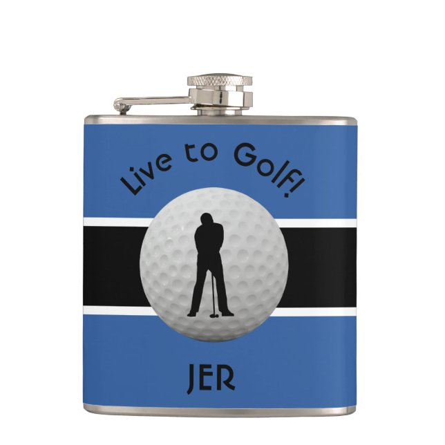 Live to Golf Quote Monogrammed Initials Blue Black Hip Flask (Front)