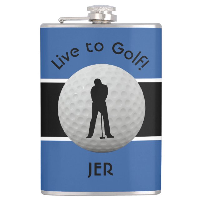 Live to Golf Quote Monogrammed Initials Blue Black Hip Flask (Front)