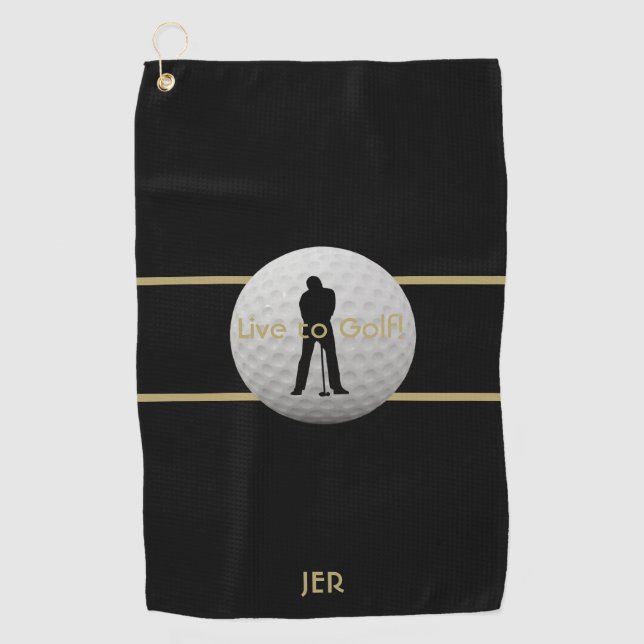 Live to Golf Quote Typography Black Green Monogram Golf Towel (Front)