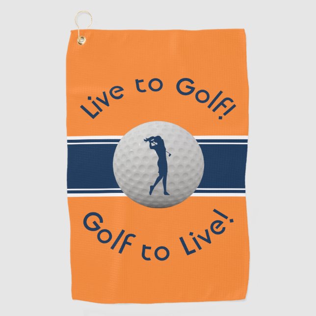 Live to Golf Quote Typography Orange & Blue Towel (Front)