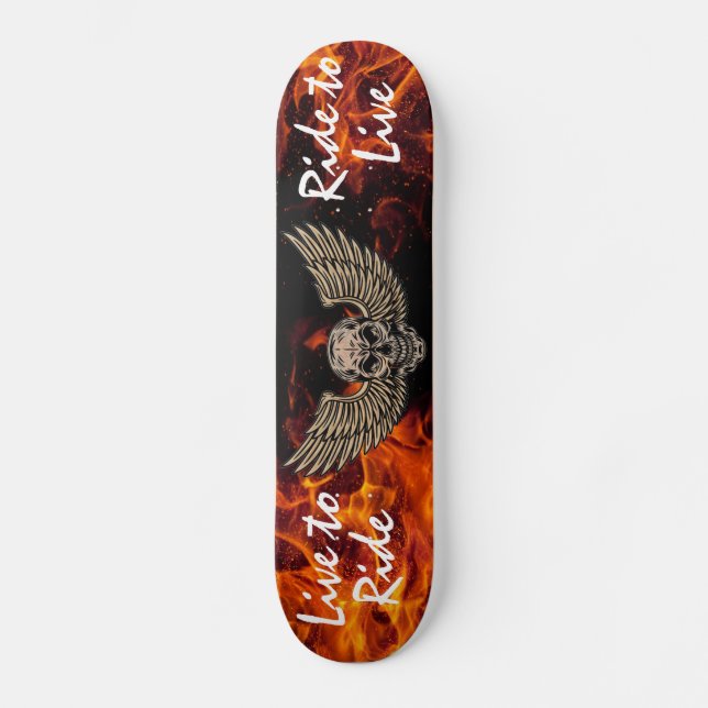 Live to Ride Skull and Wings with Flames Skateboard (Front)