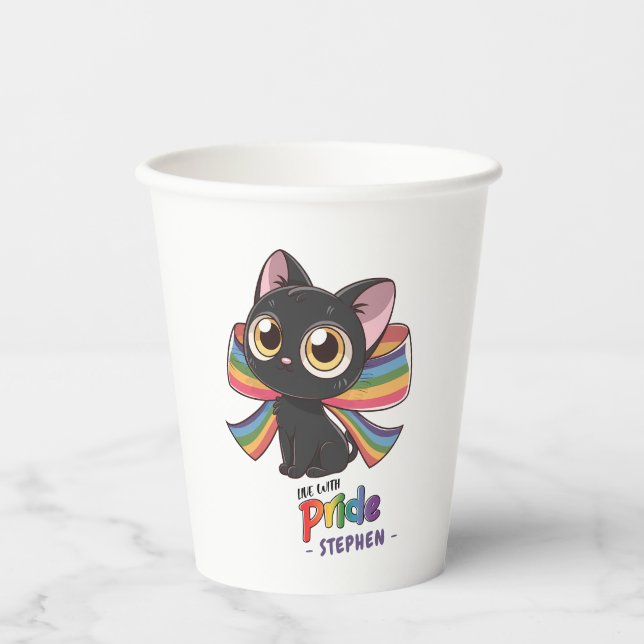 Live With Pride – Rainbow Cat LGBTQ Pride Paper Cups (Front)