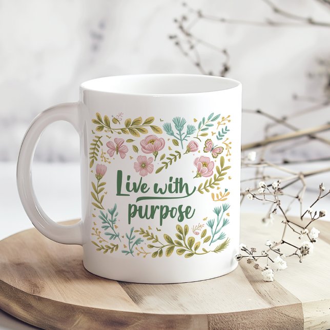 "Live with Purpose" Boho Neutral Wildflowers  Coffee Mug ("Live with Purpose" Boho Neutral Wildflowers Coffee Mug on a boho kitchen table with dry flowers)