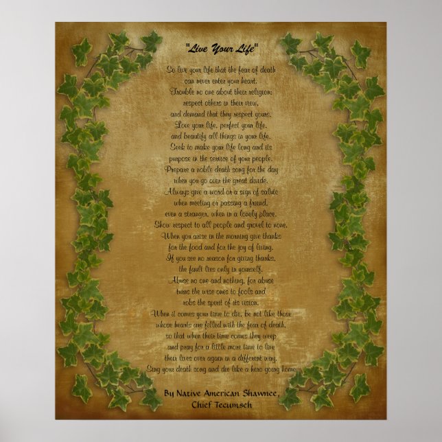 "Live Your Life"  by Chief Tecumseh Poster (Front)