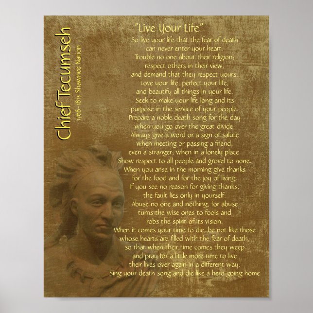 "Live Your Life"  on old parchment, Chief Tecumseh Poster (Front)