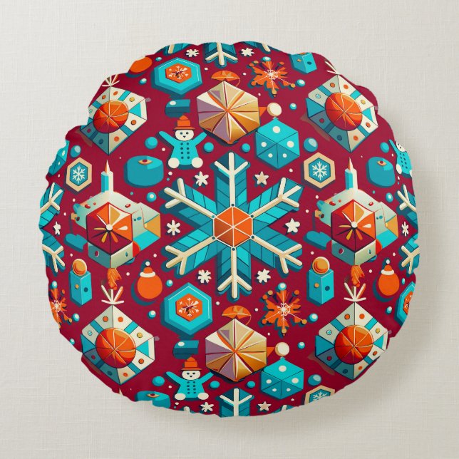 Lively and colourful christmas holiday-themed patt round cushion (Front)