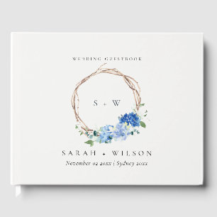 Lively Blue Floral Wooden Wreath Wedding Monogram Guest Book