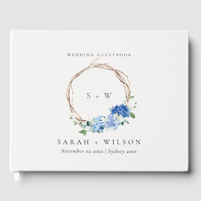 Lively Blue Floral Wooden Wreath Wedding Monogram Guest Book (Front)