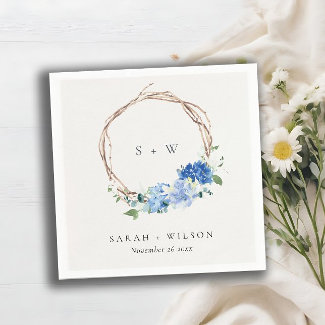 Lively Blue Floral Wooden Wreath Wedding Monogram Napkin (Creator Uploaded)