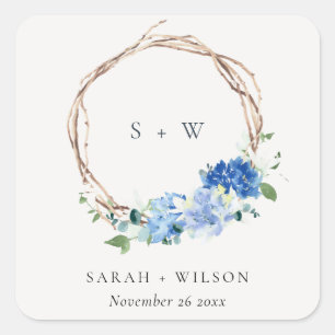 Lively Blue Floral Wooden Wreath Wedding Monogram Square Sticker