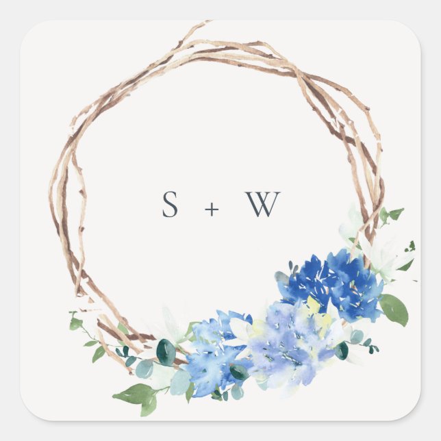 Lively Blue Floral Wooden Wreath Wedding Monogram Square Sticker (Front)