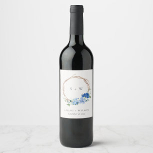 Lively Blue Floral Wooden Wreath Wedding Monogram Wine Label